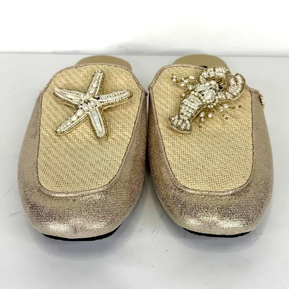 Laines London Mule Shoes Pearl Starfish & Lobster Brooches Cream Gold Size L 8/9